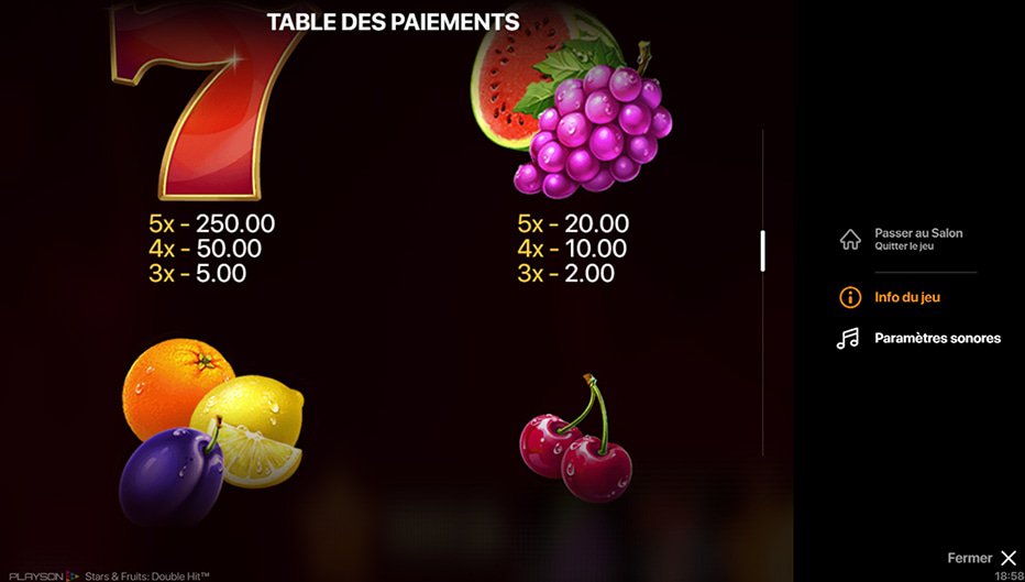 Table de paiement du jeu Stars and Fruits: Double Hit